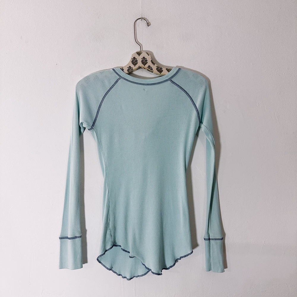 Free People Y2K Vintage Henley Thermal Ribbed Top Sword Embroidery Blue - Picture 7 of 8